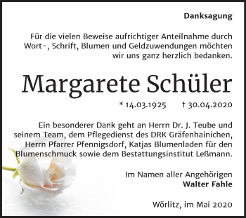 Traueranzeige von Margarete Schüler von Mitteldeutsche Zeitung Wittenberg