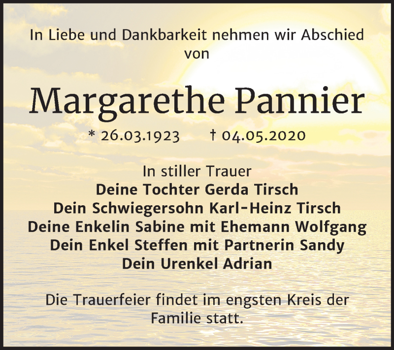  Traueranzeige für Margarethe Pannier vom 09.05.2020 aus Mitteldeutsche Zeitung Dessau-Roßlau