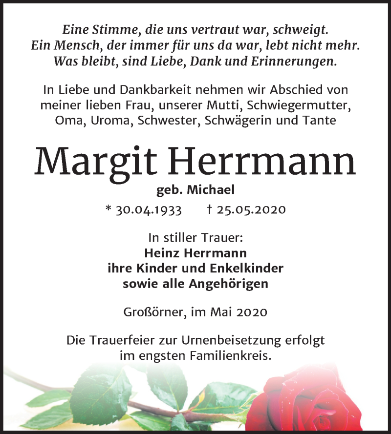  Traueranzeige für Margit Herrmann vom 30.05.2020 aus Super Sonntag Mansfelder Land