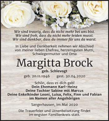 Traueranzeige von Margitta Brock von Mitteldeutsche Zeitung Sangerhausen