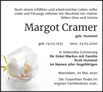 Traueranzeige von Margot Cramer von Mitteldeutsche Zeitung Mansfelder Land