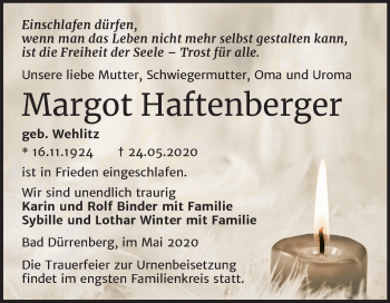 Traueranzeige von Margot Haftenberger von Super Sonntag Merseburg/Querfurt