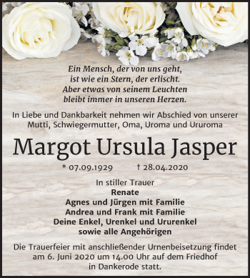 Traueranzeige von Margot Ursula Jasper von Mitteldeutsche Zeitung Quedlinburg