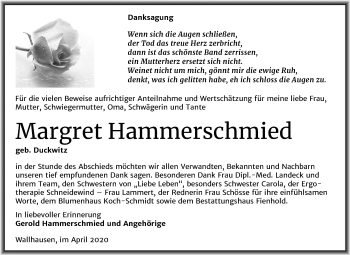 Traueranzeige von Margret Hammerschmied von Mitteldeutsche Zeitung Sangerhausen