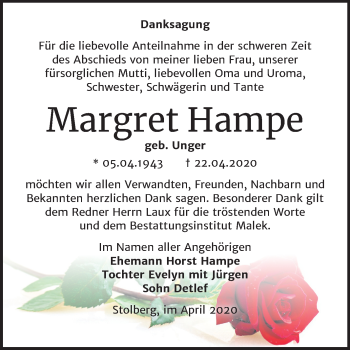 Traueranzeige von Margret Hampe von Mitteldeutsche Zeitung Sangerhausen