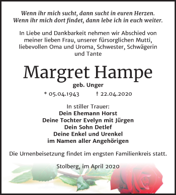 Traueranzeige von Margret Hampe von Super Sonntag Sangerhausen