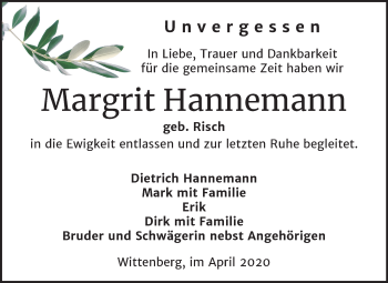 Traueranzeige von Margrit Hannemann von Mitteldeutsche Zeitung Wittenberg