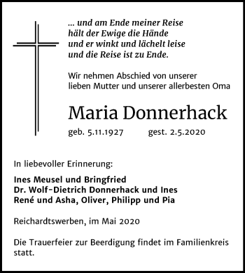 Traueranzeige von Maria Donnerhack von Mitteldeutsche Zeitung Weißenfels