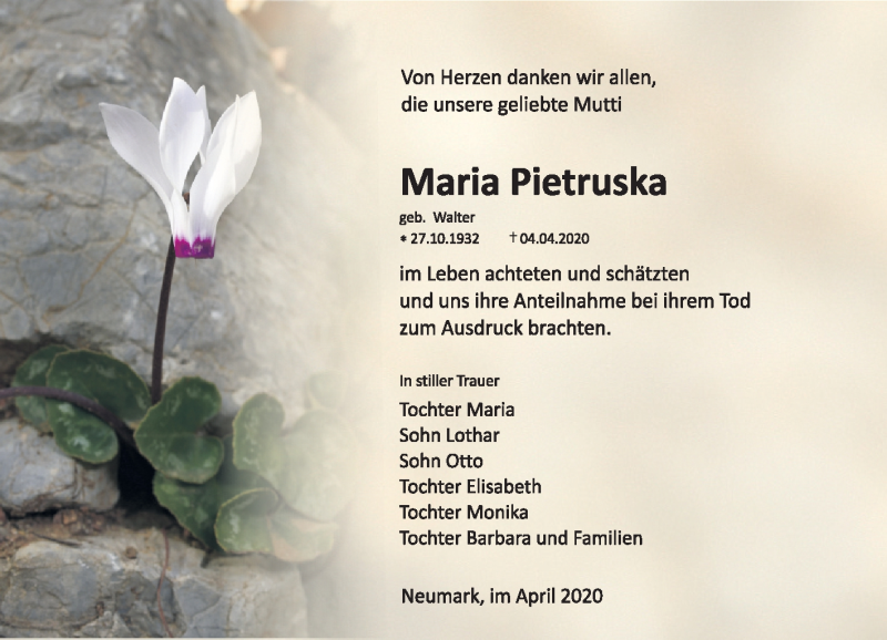  Traueranzeige für Maria Pietruska vom 09.05.2020 aus Mitteldeutsche Zeitung Merseburg/Querfurt