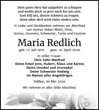 Traueranzeige von Maria Redlich von Mitteldeutsche Zeitung Weißenfels