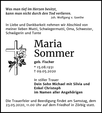 Traueranzeige von Maria Sommer von Wochenspiegel Bitterfeld