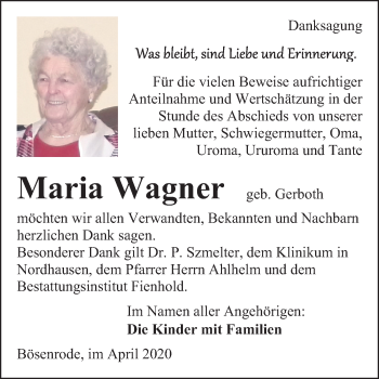 Traueranzeige von Maria Wagner von Mitteldeutsche Zeitung Sangerhausen