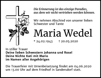 Traueranzeige von Maria Wedel von Mitteldeutsche Zeitung Bitterfeld