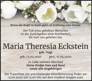 Traueranzeige von Maria Theresia Eckstein von Wochenspiegel Bitterfeld