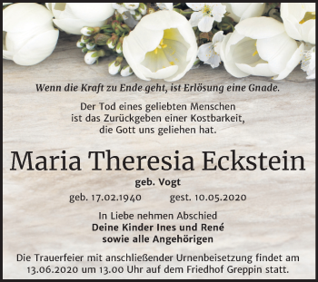Traueranzeige von Maria Theresia Eckstein von Mitteldeutsche Zeitung Bitterfeld