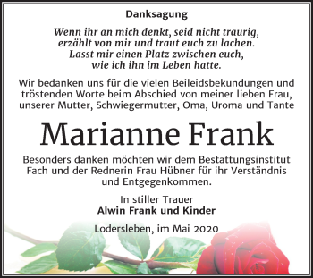 Traueranzeige von Marianne Frank von Wochenspiegel Merseburg/Querfurt