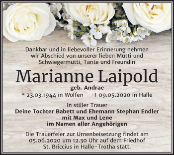 Traueranzeige von Marianne Laipold von Mitteldeutsche Zeitung Bitterfeld / Halle/Saalkreis