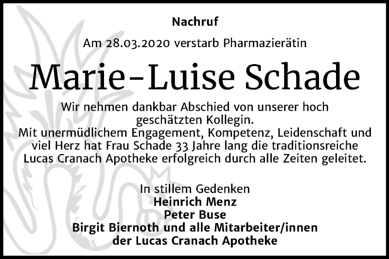  Traueranzeige für Marie-Luise Schade vom 02.05.2020 aus Super Sonntag Wittenberg