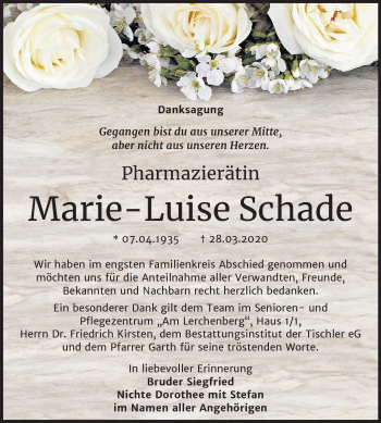 Traueranzeige von Marie-Luise Schade von Mitteldeutsche Zeitung Wittenberg