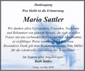 Traueranzeige von Mario Sattler von Super Sonntag Aschersleben