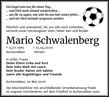 Traueranzeige von Mario Schwalenberg von Super Sonntag Aschersleben