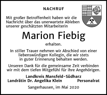 Traueranzeige von Marion Fiebig von Mitteldeutsche Zeitung Mansfelder Land / Sangerhausen