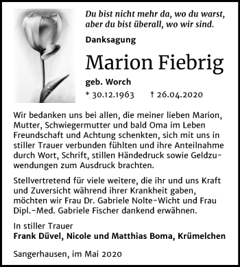 Traueranzeige von Marion Fiebrig von Super Sonntag Sangerhausen