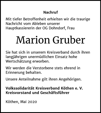 Traueranzeige von Marion Gruber von Super Sonntag Köthen