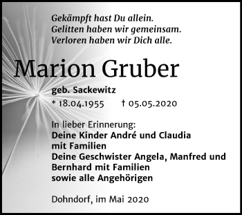 Traueranzeige von Marion Gruber von Mitteldeutsche Zeitung Köthen