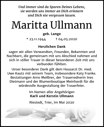 Traueranzeige von Maritta Ullmann von Mitteldeutsche Zeitung Sangerhausen