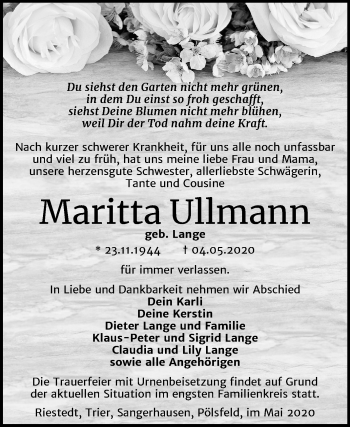 Traueranzeige von Maritta Ullmann von Wochenspiegel Sangerhausen