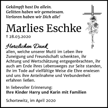 Traueranzeige von Marlies Eschke von Super Sonntag Köthen