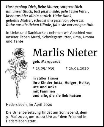 Traueranzeige von Marlis Nieter von Mitteldeutsche Zeitung Quedlinburg
