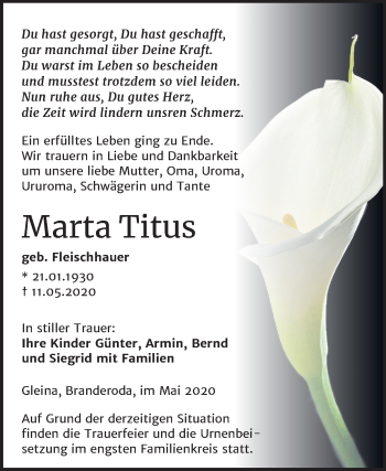 Traueranzeige von Marta Titus von Mitteldeutsche Zeitung Naumburg/Nebra