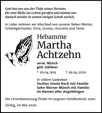 Traueranzeige von Martha Achtzehn von Mitteldeutsche Zeitung Bitterfeld