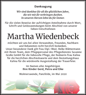 Traueranzeige von Martha Wiedenbeck von Super Sonntag Quedlinburg