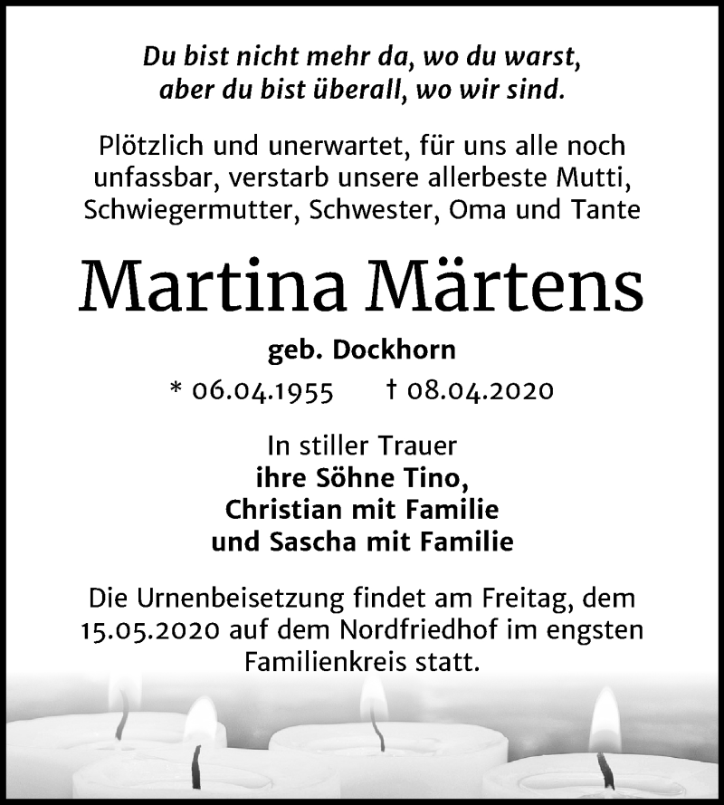  Traueranzeige für Martina Märtens vom 09.05.2020 aus Mitteldeutsche Zeitung Halle/Saalkreis