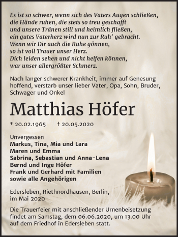 Traueranzeige von Matthias Höfer von Super Sonntag Sangerhausen