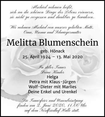 Traueranzeige von Melitta Blumenschein von Mitteldeutsche Zeitung Halle/Saalkreis