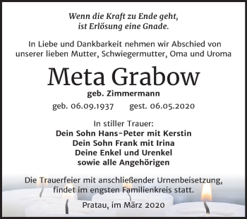 Traueranzeige von Meta Grabow von Super Sonntag Wittenberg