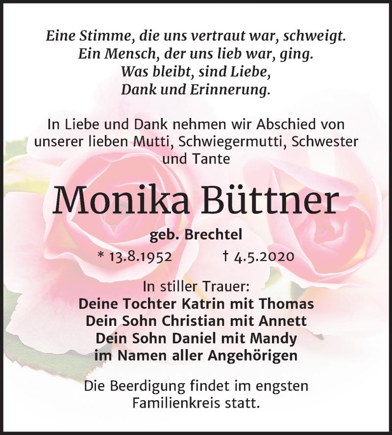  Traueranzeige für Monika Büttner vom 09.05.2020 aus Super Sonntag Weißenfels