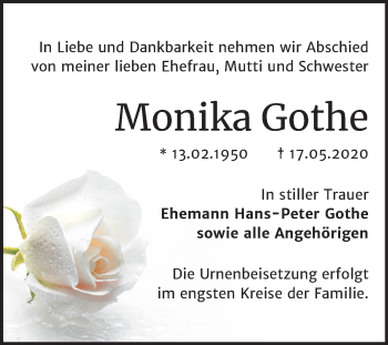 Traueranzeige von Monika Gothe von Mitteldeutsche Zeitung Bernburg