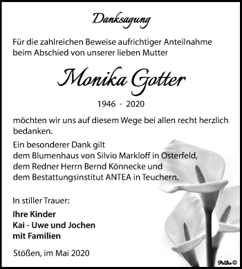 Traueranzeige von Monika Gotter von Super Sonntag Naumburg/Nebra