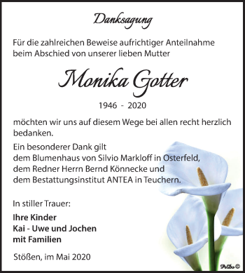 Traueranzeige von Monika Gotter von Mitteldeutsche Zeitung Weißenfels