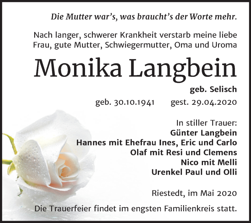  Traueranzeige für Monika Langbein vom 09.05.2020 aus Super Sonntag Sangerhausen
