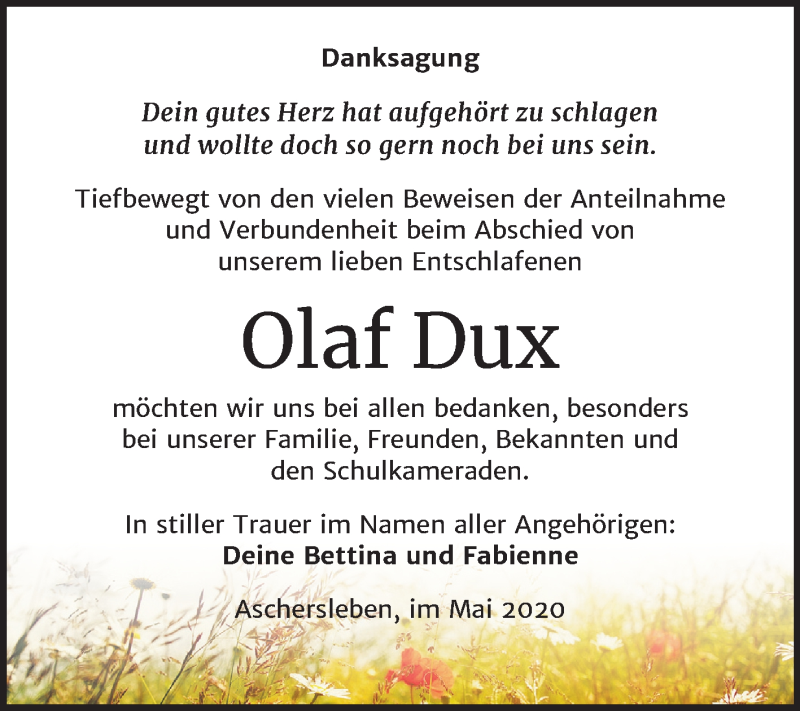  Traueranzeige für Olaf Dux vom 15.05.2020 aus Mitteldeutsche Zeitung Aschersleben