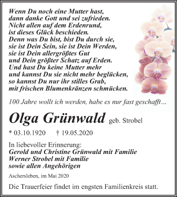 Traueranzeige von Olga Grünwald von Super Sonntag Aschersleben