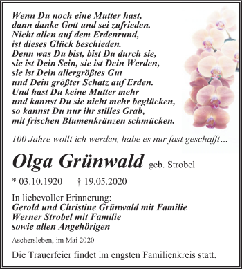 Traueranzeige von Olga Grünwald von Mitteldeutsche Zeitung Aschersleben