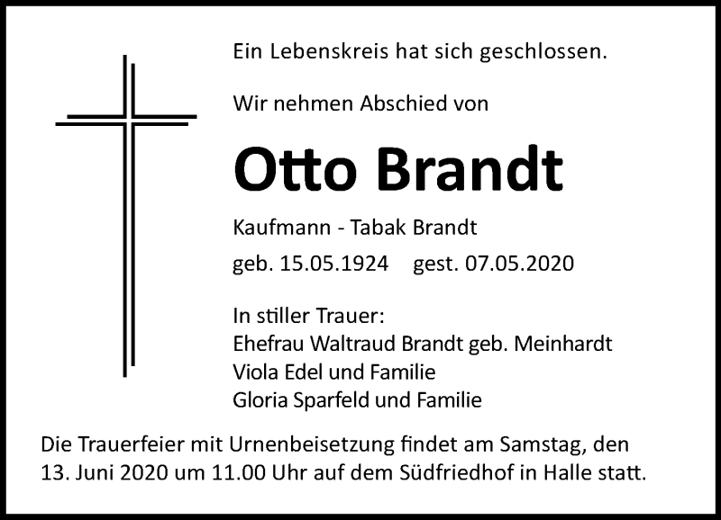  Traueranzeige für Otto Brandt vom 23.05.2020 aus Mitteldeutsche Zeitung Halle/Saalkreis