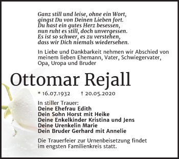 Traueranzeige von Ottomar Rejall von Mitteldeutsche Zeitung Halle/Saalkreis